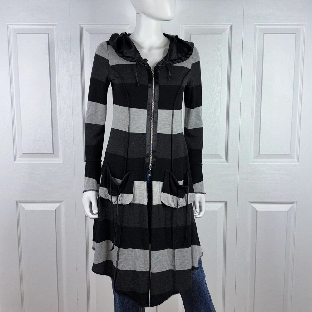 Joseph Ribkoff Black and Gray Striped Hooded Long Zip Cardigan